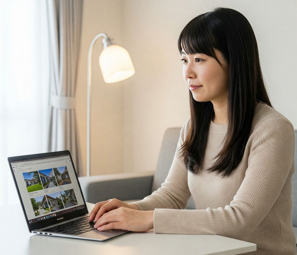 パソコンで不動産を探す女性
